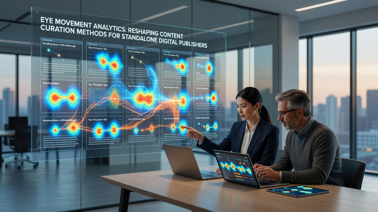 Researcher reviewing aggregated eye-tracking visualizations on multiple monitors in a digital publishing lab